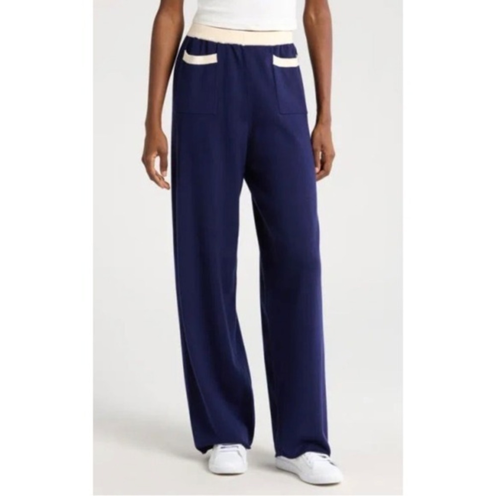 WAYF Womans Set Sail Blue Cream Pull On Straight Leg Knit Pants Casual Wear SZ S